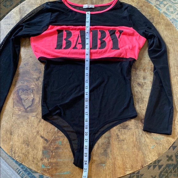 Black and Pink Bodysuit with Bold Text and Long Sleeves - Picture 8 of 12